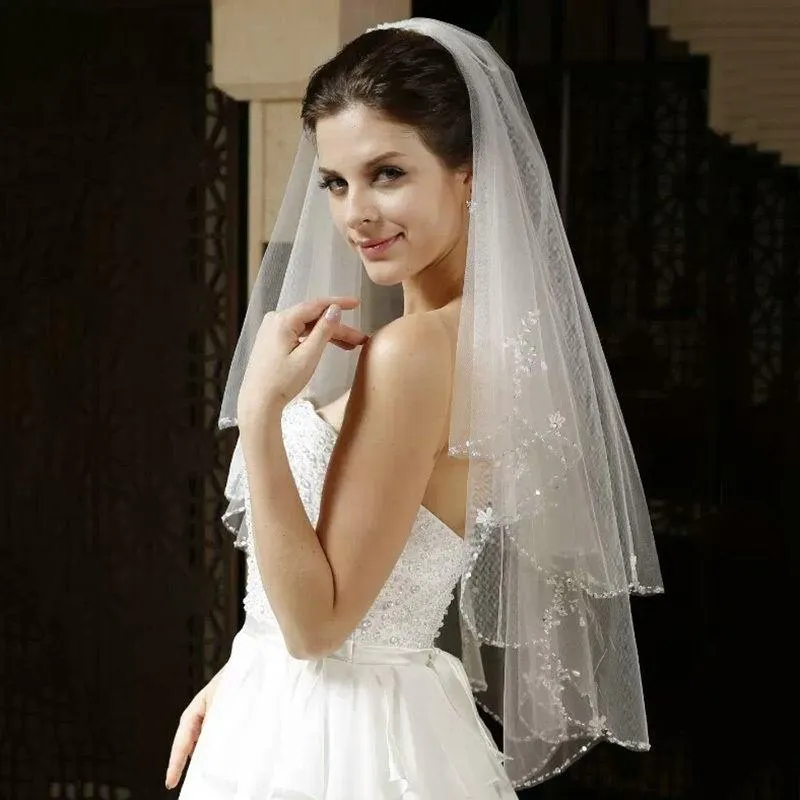 Bridal Veils Veu De Noiva Elegant Arrival 2022 Fingertip Two-tier Wedding Veil Bead Accessories Vail Velos Novia
