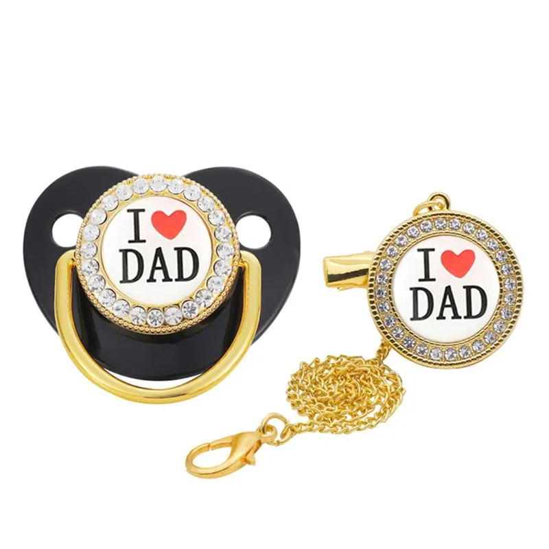 Pacifiers# Luxury I Love Dad Bling Pacifier With Chain Clips Born Infant Food Grade Silicone Dummy Nipples For Baby Shower GiftPacifiers#