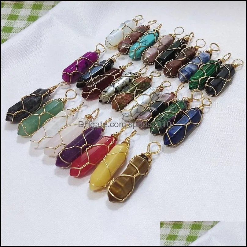 gold wire wrap natural stone charms rose quartz mixed pillar bullet shape point chakra pendants for jewelry making sports2010