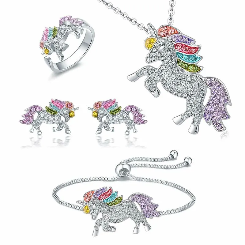 Kristall unicorn smycken set söt regnbåge häst guld silver färg halsband armband ringar örhängen för kvinnor flickor gåva