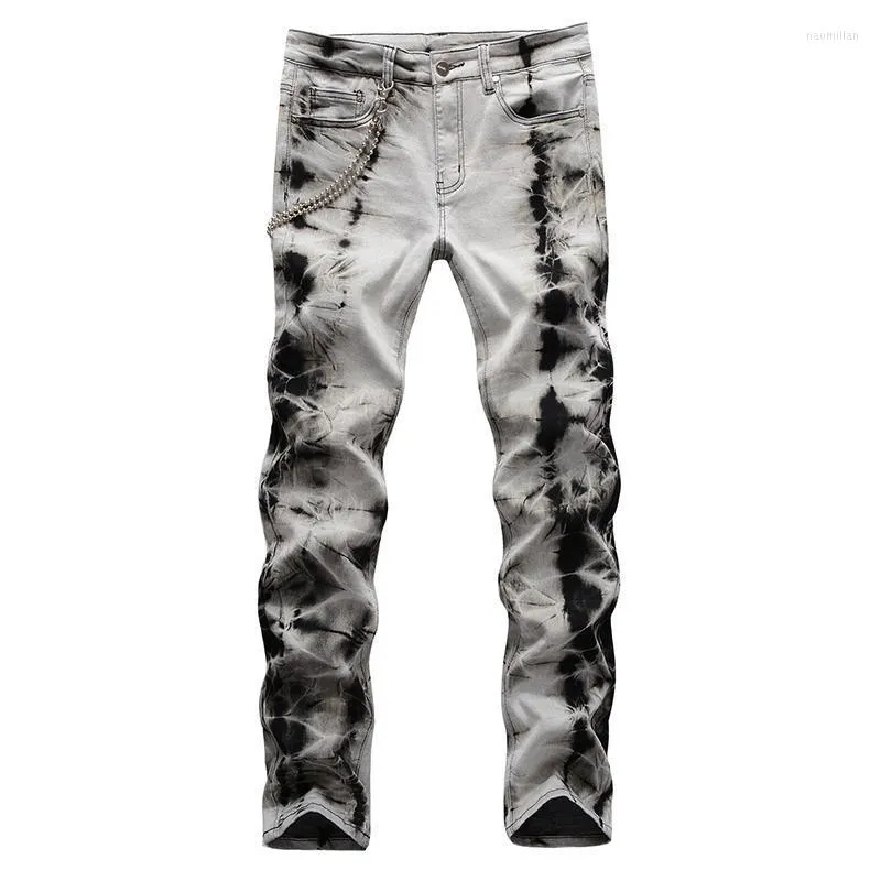 Jeans da uomo Cravatta e tinto in denim lavato con catena Streetwear Pantaloni slim elasticizzati Pantaloni neri grigiNaom22 da uomo
