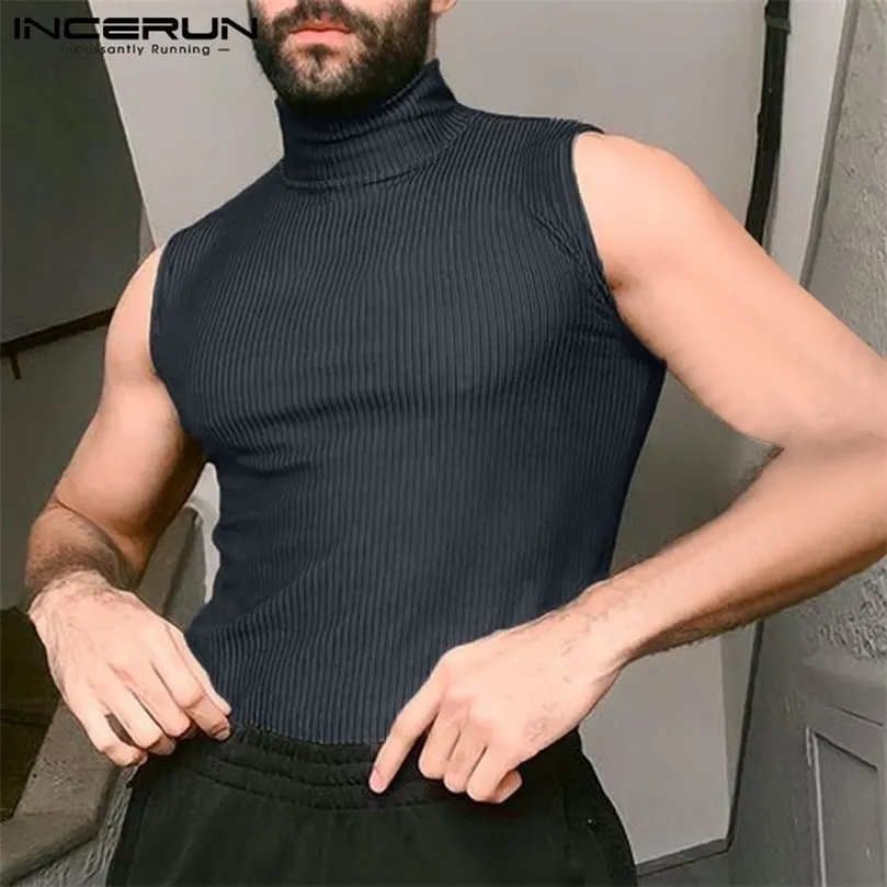 INCERUN Men Tank Tops Turtleneck Sleeveless Solid Color Vests Men Streetwear Skinny Fashion Casual Sexy Waistcoats S5XL 220527