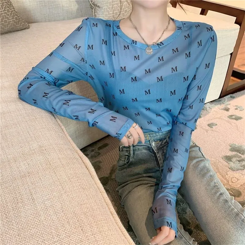 JXMYY Early autumn Hong Kong style comfortable and versatile small sexy micro letter long-sleeved bottoming top 210412