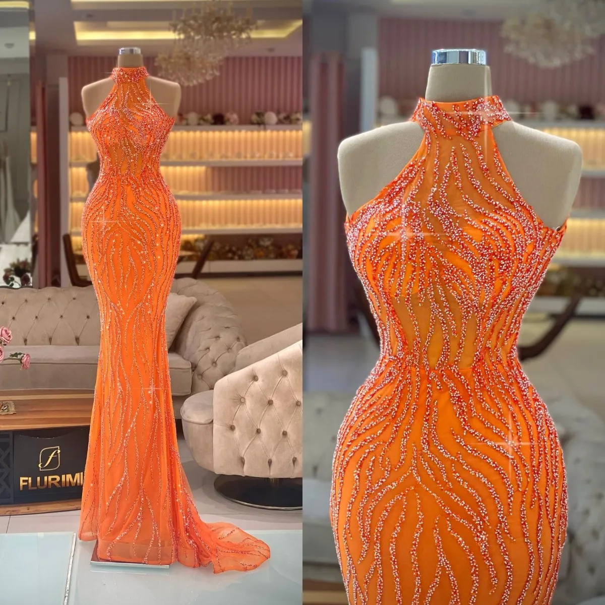 Robe de bal sirène perlée Orange, col haut, cristal, sans manches, robes de soirée formelles, robes de soirée avec traîne