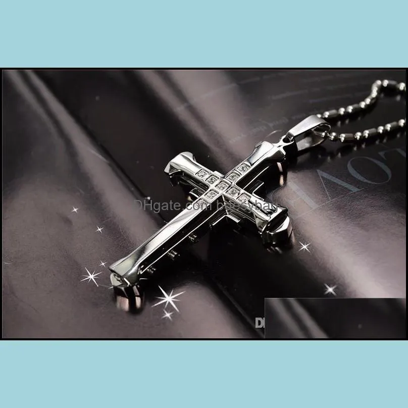 Men`s Crystal Cross Pendant Silver Gold Black Stainless Steel Cross Pendant Necklace