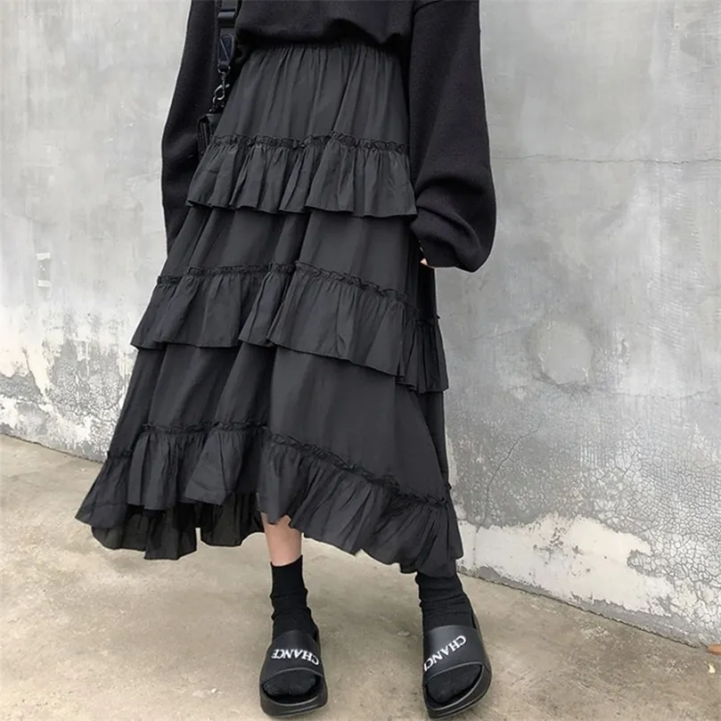 Houzhou Svart Långkjolar Kvinnor Gotisk Hög Låg Ruched Ruffle Waisted Asymmetrisk Midi Kjol Koreansk Fashion Goth Grunge 220317