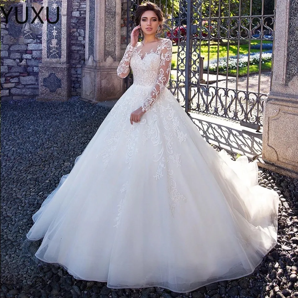 Luxury Long Sleeves Ball Gown Wedding Dresses Real Pictures Saudi Arabian Dubai Plus Size Bridal Gown lace Cathedral Train