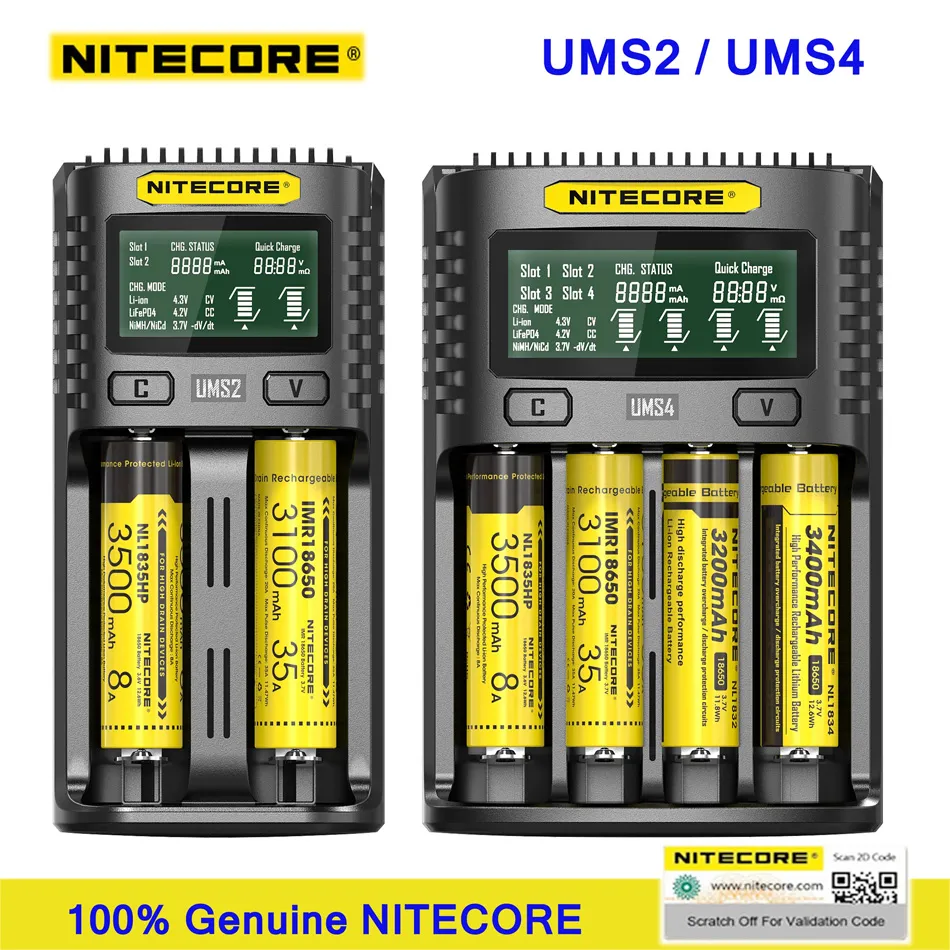 Cargadores NITECORE UMS4 UMS2 QC inteligente de carga rápida 4A cargador USB de gran corriente para IMR/Li-ion/LiFePO4/NI-Cd/Ni-MH AAA 3,7 V 1,2 V batería