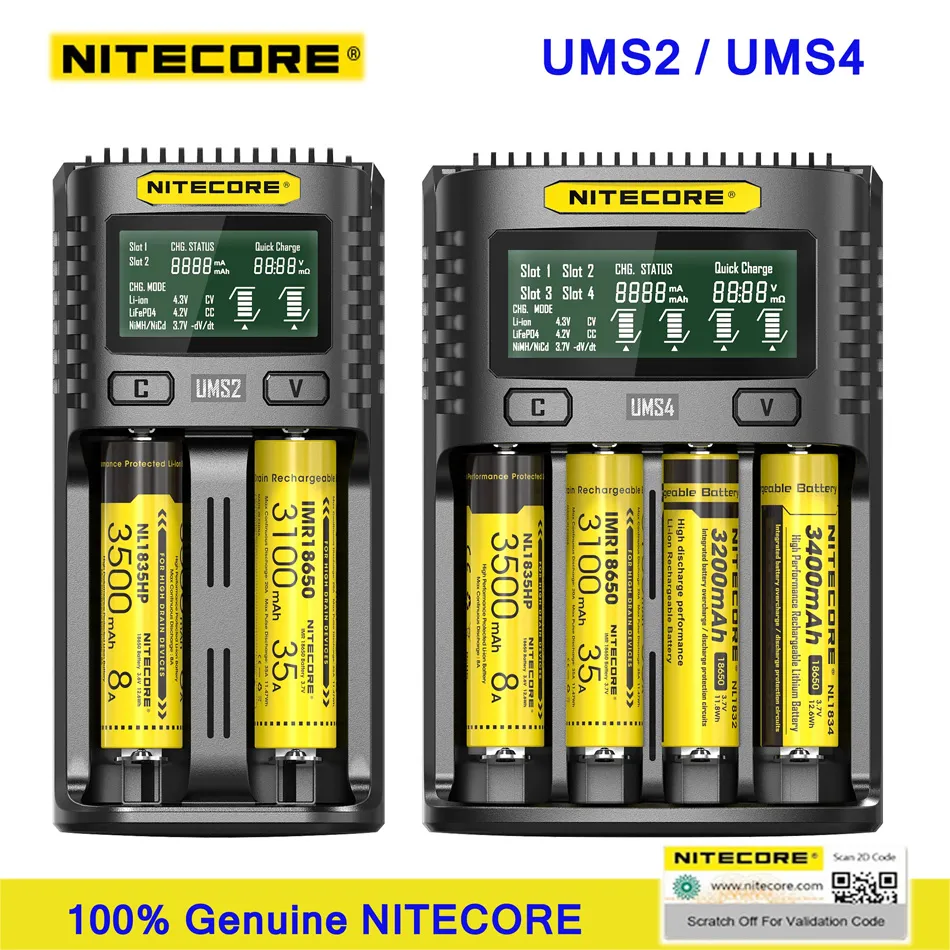 NITECORE UMS4 UMS2 Chargers Intelligent QC Fast Charging 4A Large Current USB Charger For IMR/Li-ion/LiFePO4/NI-Cd/Ni-MH AAA 3.7V 1.2V Battery