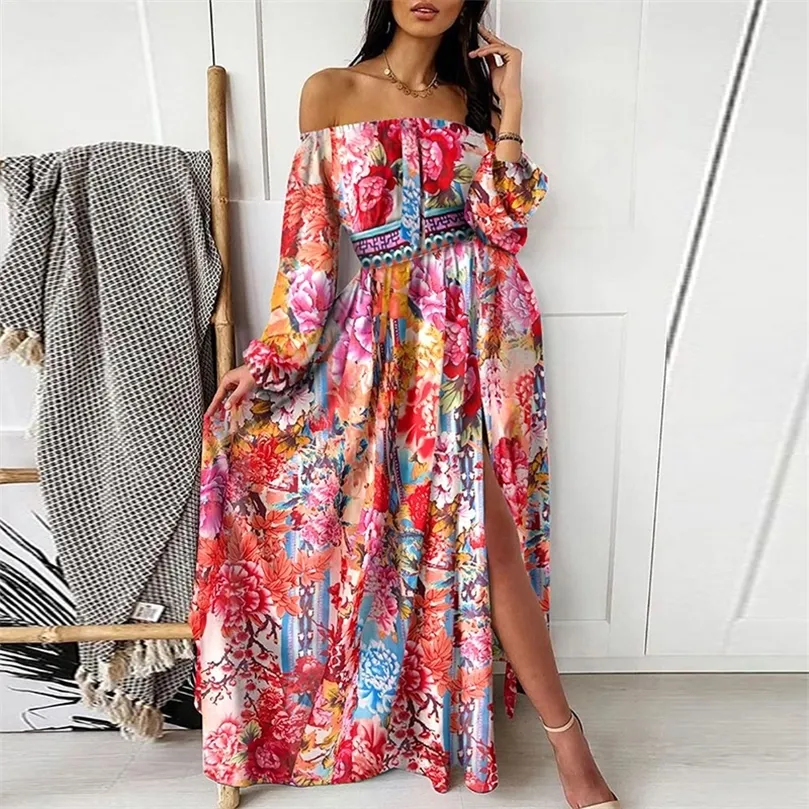 Vestido de noche elegante con estampado grande para mujer, vestido Sexy bohemio con cuello oblicuo, Maxi para mujer, fiesta de moda de primavera y verano 220613