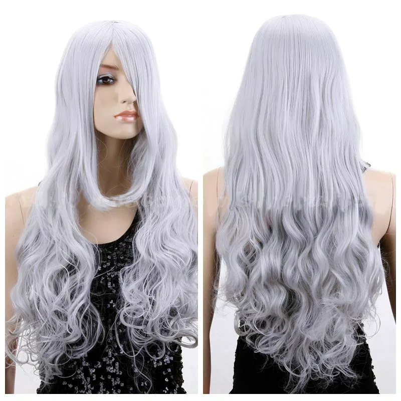 Parrucca ondulata lunga riccia grigio argento da donna con parrucca piena sintetica cosplay con frangia