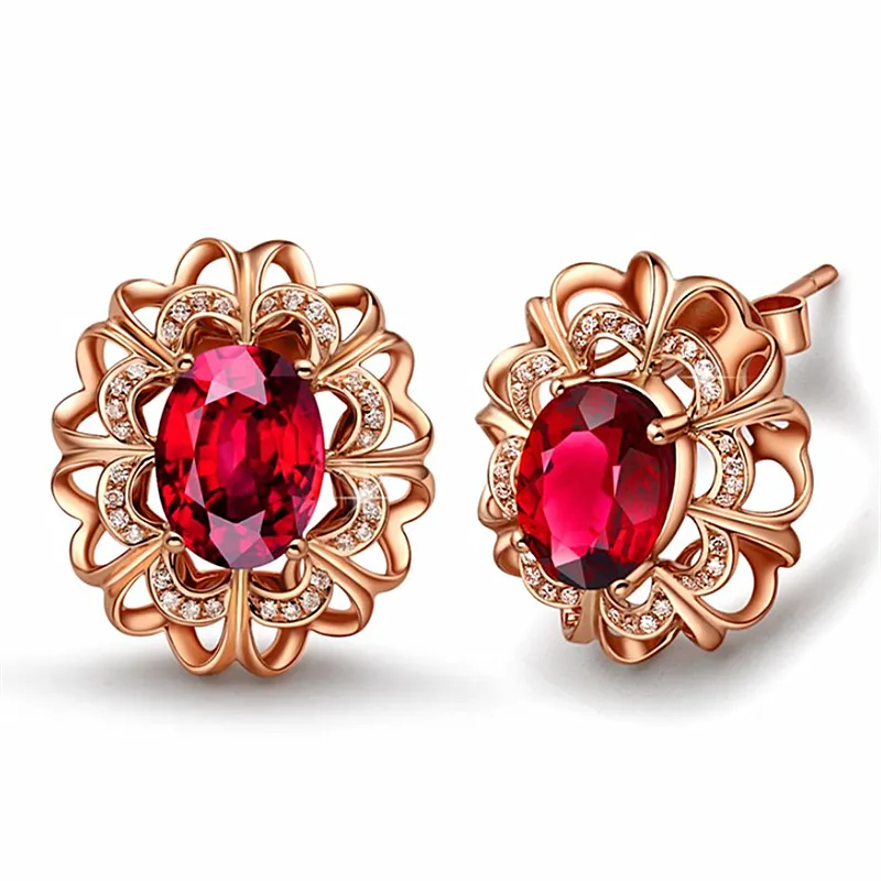 Brincos de rubi de luxo para mulheres 18k Rose Gold Gold Red Birthstone Jóias de orelha Brinco de pedras preciosas