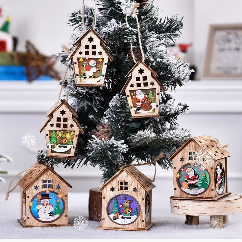 Christmas Decorations LED Light Wooden House Luminous Cabin Merry For Home DIY Xmas Tree Ornaments Kids Gifts YearChristmas