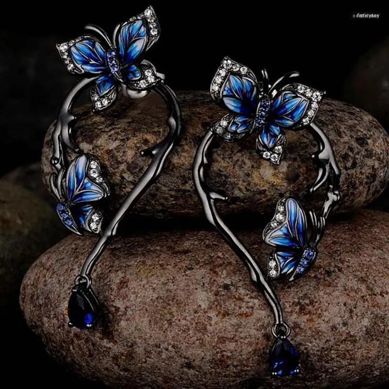 Boucles d'oreilles couleur argent pour femmes véritable papillon bleu bijoux de mode glamour à la main émail oreille StudsStud Odet22 Farl22