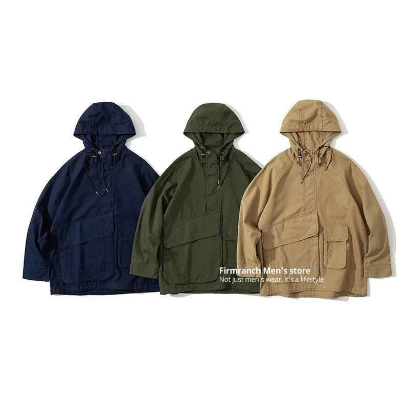 Mäns Jackor Firmranch Japanese Streetwear City Boy Multi-väska Tvättade Overaller Överdimensionerade Pullover Windbreaker Hooded Cargo Coat för män / Wome