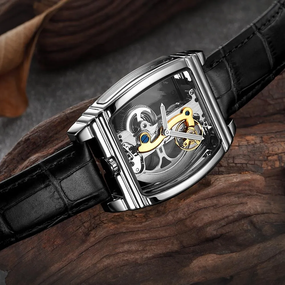 Tk-Topselling Transparent Mens 시계 기계 자동 손목 시계 가죽 스트랩 탑 스팀 펑크 셀프 와인딩 시계 남성 Montre Homme 시계 SS2