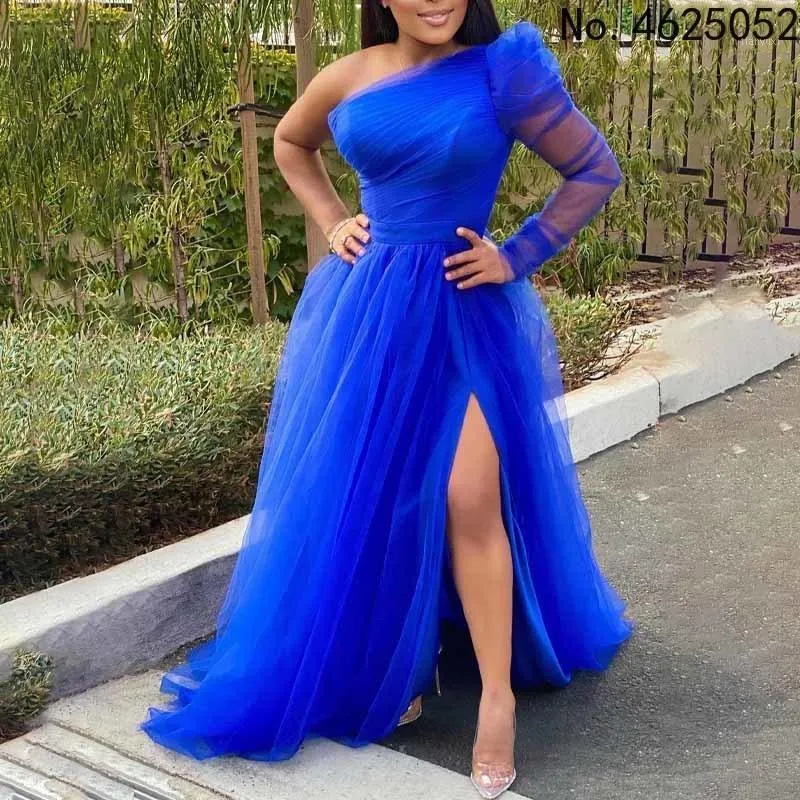 Casual Jurken Dame Bruidsmeisje Party Plus Size 2022 Off Shoulder Split Big Hem Long Tulle A-Line Prom Dress Formele bruiloft