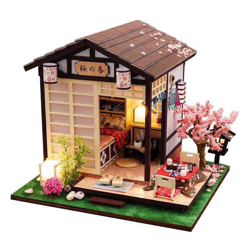 DIY Wooden Casa Japanese Dollhouse Kit Assembled Miniatur Furniture Light Doll House mit Cherry Blossoms Toys for Adult Gifts AA220325