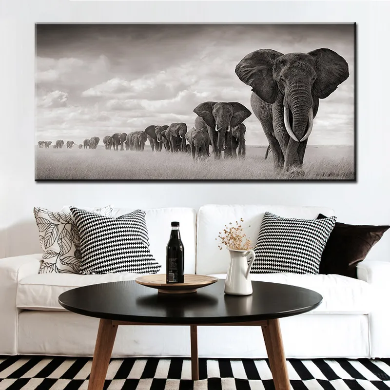 Moderne weiße schwarze Tiere Poster und Drucke Wand Kunst Leinwand Malerei afrikanische Elefanten Bilder für Wohnzimmer Cuadros Dekor