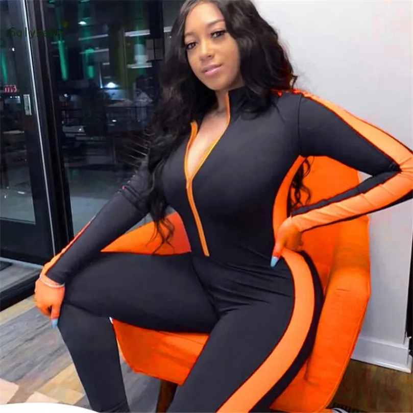 Зимний длинное рукав сторона неоновая апельсиновая полоса Bodycon Fitness Jumpsuit Women Black Zip Romper Справочник по боди Спортивная одежда 210709