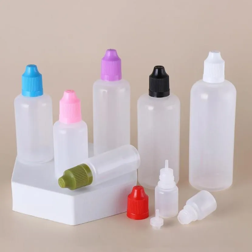 Colorful PE Dropper Bottles 3ml 5ml 10ml 15ml 20ml 30ml 50ml Needle Tips with Color Childproof Cap Sharp Dropper Tip Plastic Eliquid