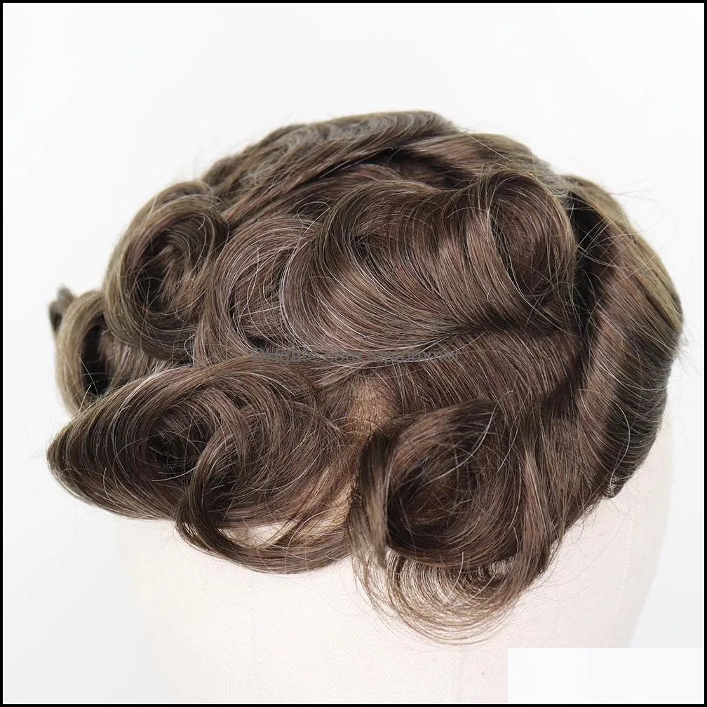 men brown mixed grey remy human hair #610 highlight skin pu thin pu replacement system hairpieces man toupee240o