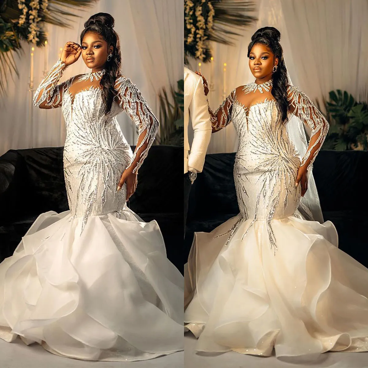 Plus Sexy Customized Size Mermaid Wedding Dress Sier Sequins Long Sleeve Bride Dresses Robe De Mariee Bridal Gowns es