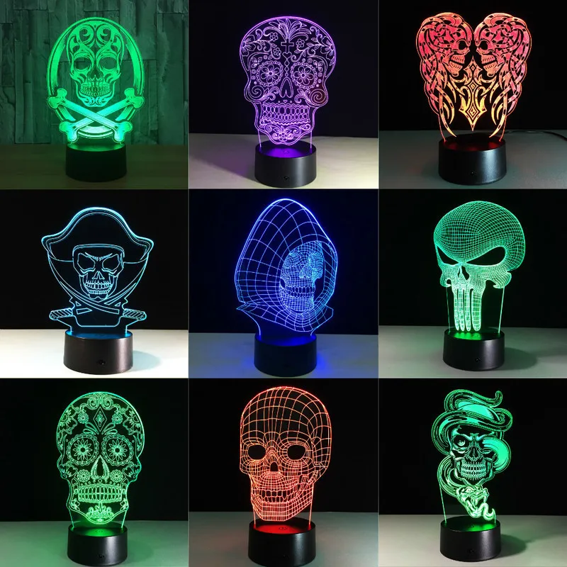 3D LED Couleur Night Light Lampe Changeante Halloween Crâne Acrylique Hologramme Illusion Bureau Pour Enfants Cadeau Dropship Y201006