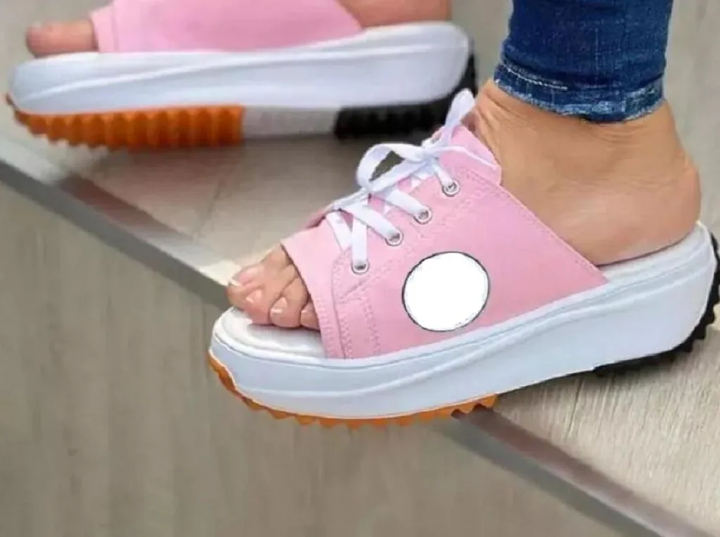 No brand name logo !! Fish mouth slipper breathable thick bottom casual women's shoes 2022 summer new large wedge heel lace up cool slippers