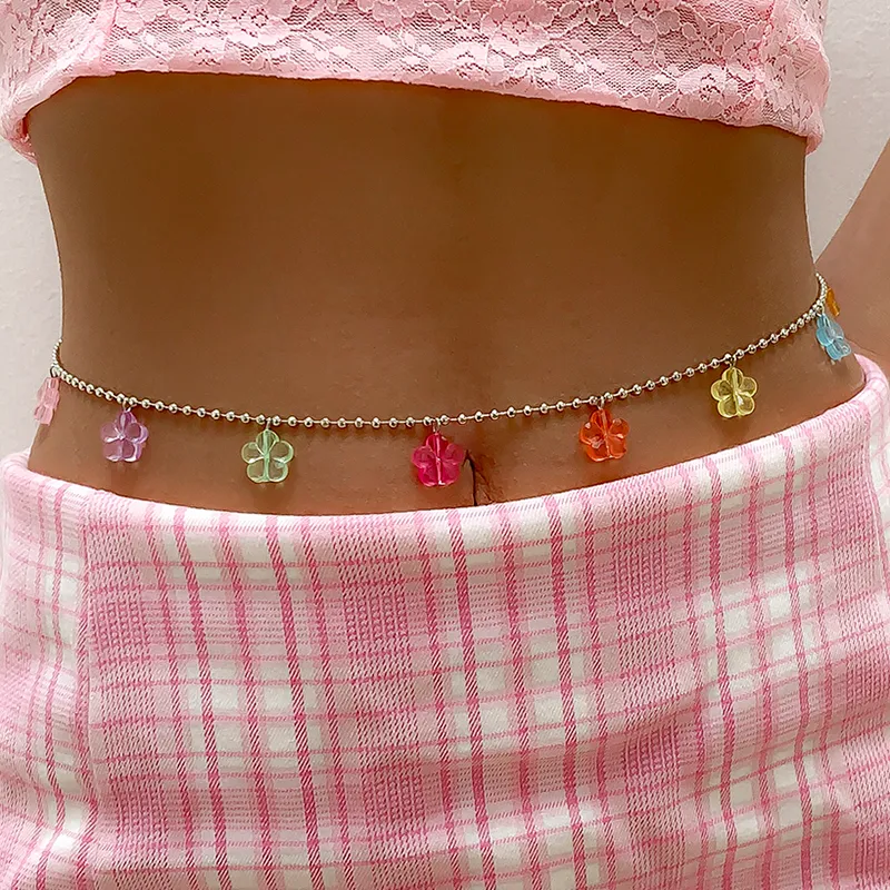 Fashion Silver Color Copper Waist Beads Chains For Women Cute Candy Colors Small Flowers Pendant Belly Chain Sexy Body Jewelry