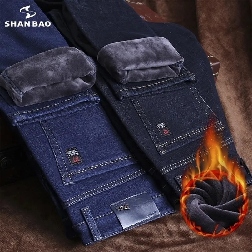 SHAN BAO – jean droit ajusté de marque d'hiver, Style classique, Badge polaire épais et chaud, Denim Slim pour jeunes hommes, 220328