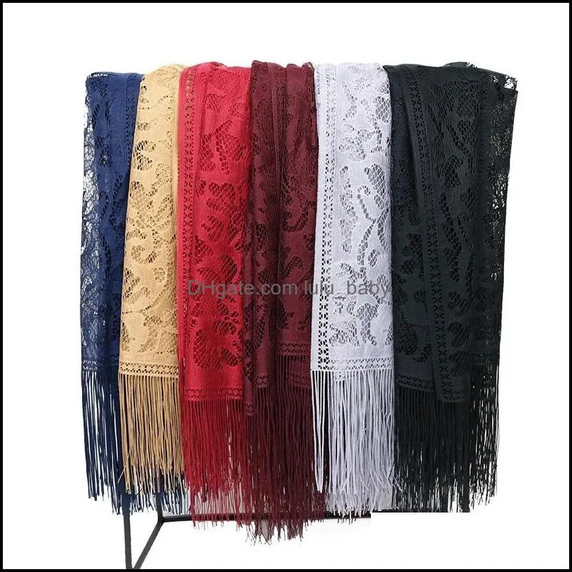 190cm Women Elegant Luxury Thin Lace Shawls Scarf For Ladies Muslim Islamic Tassel Lace Hollow Long Hijab Scarf Shawl Wrap Stole
