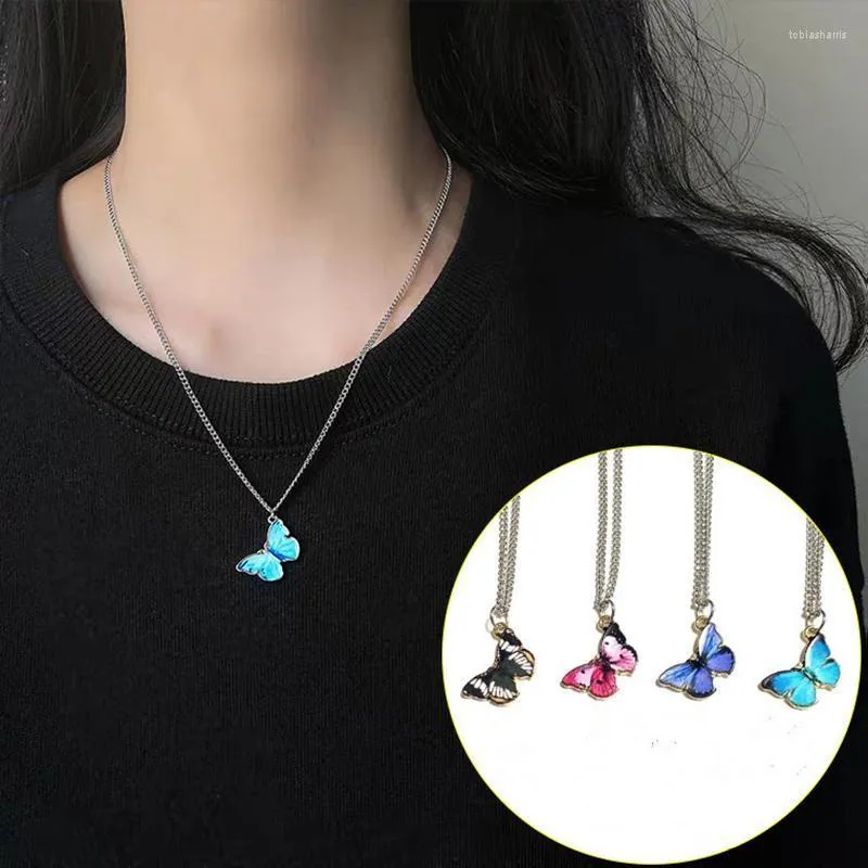 Pendant Necklaces Black Red Blue Purple Butterfly Metal Necklace Women Trendy Simple Wild Dangle Clavicle Chain Jewelry