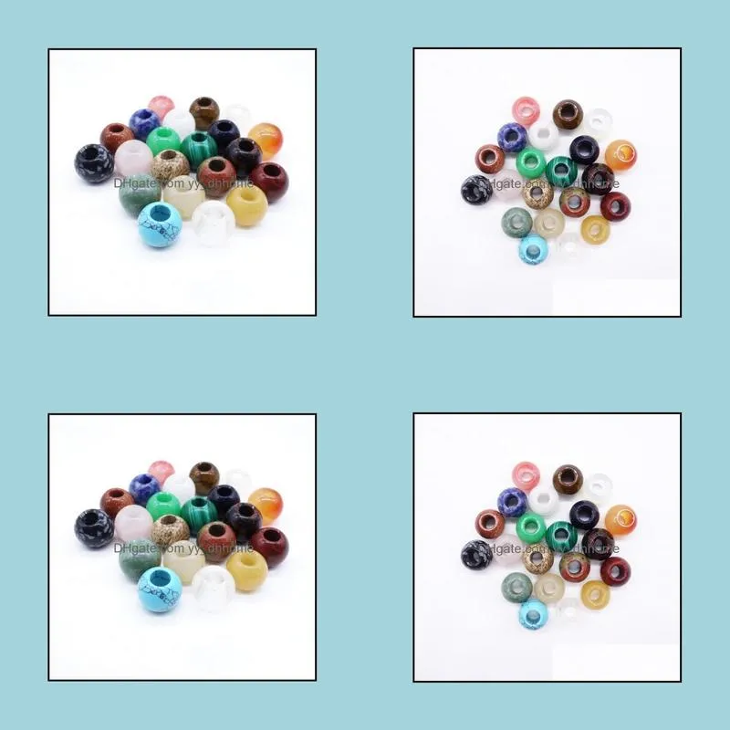 Natural Stone Gemstone Round Beads High Polished 14mm Loose Beads Big Hole Fit Charms European Bracelet DIY Jewelry Accessories