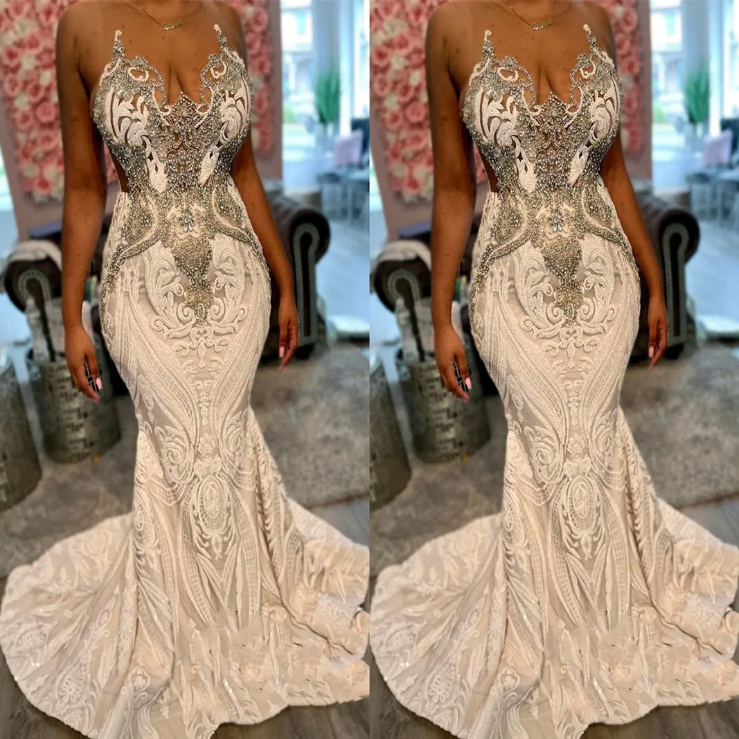 2022 Plus Size Arabic Aso Ebi Ivory Mermaid Luxurious Prom Dresses Pärled Crystals Evening Formal Party Second Reception Birthday Engagement Gowns Dress ZJ222