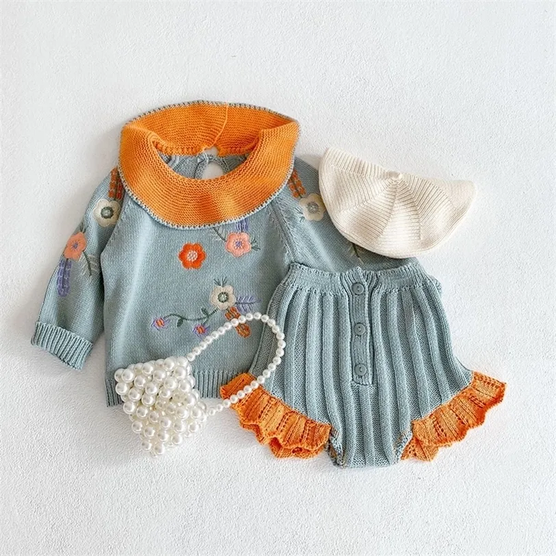 Herfst baby baby meisjes kleding pak gebreide geborduurde lotusblad kraag top + kant broek 2 stks peuter trui sets 220326