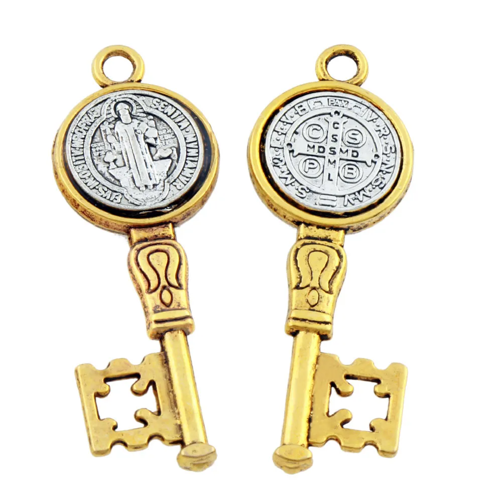 2-ton św Benedykt Medal Key Key Charm Spacer Koraliki Wisiorki Medalla San Benito Alloy Handmade Biżuteria DIY L1692 42x14.6mm