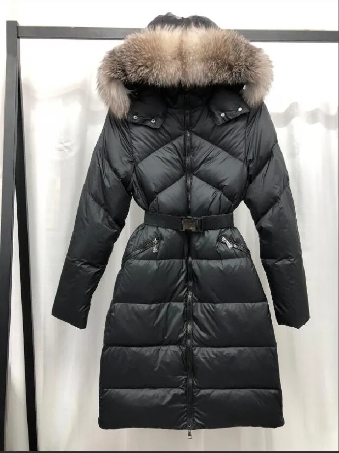 Fashion womens Down jacket hooded Sashes British style 100% Fox Fur Parkas White duck down coats Black Green Brown X-long winter coat S-XL