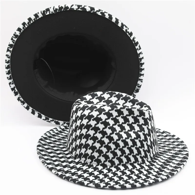 Houndstooth طباعة قبعة فيدورا مع الأسود أسفل الرجال كبير بريم في الهواء الطلق الاتجاه قبعة بنما إمرأة الجاز أعلى قبعة للحزب الزفاف