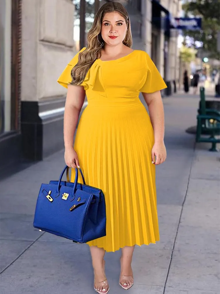 Plus Size Dresses Pleated Midi Women Short Sleeve Ruffles Elegant Yellow Fit And Flare Summer Fashion Robes Going Out Party 2022