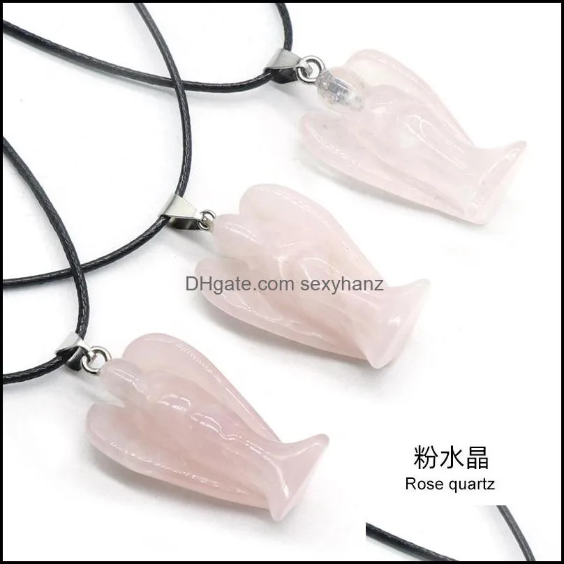 natural stone gem carved angel pendant rose quartz crystal jade onyx bead necklace healing guardian jewelry for women men rop sexyhanz