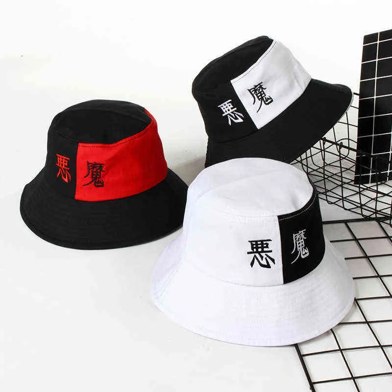 Autumn Outdoor Anime Demon Text Embroidery Cotton Stitching Color Fisherman Cap Male Female Cool Sunshade Panama Bucket Hat G220418