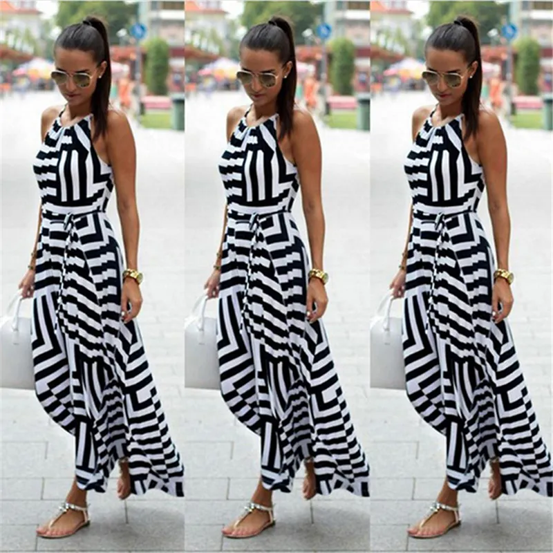 Été Maxi Long Robe nouvelle mode Femmes Sexy Sexe Boho Striped Sans manches Souffre de style Strap Vestidos pour femmes pour bigsweeety A22