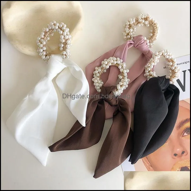 pearl streamer hair rope fashion accessories women solid color high elastic beaded bow hair ring rubber band ribbon tie headwear