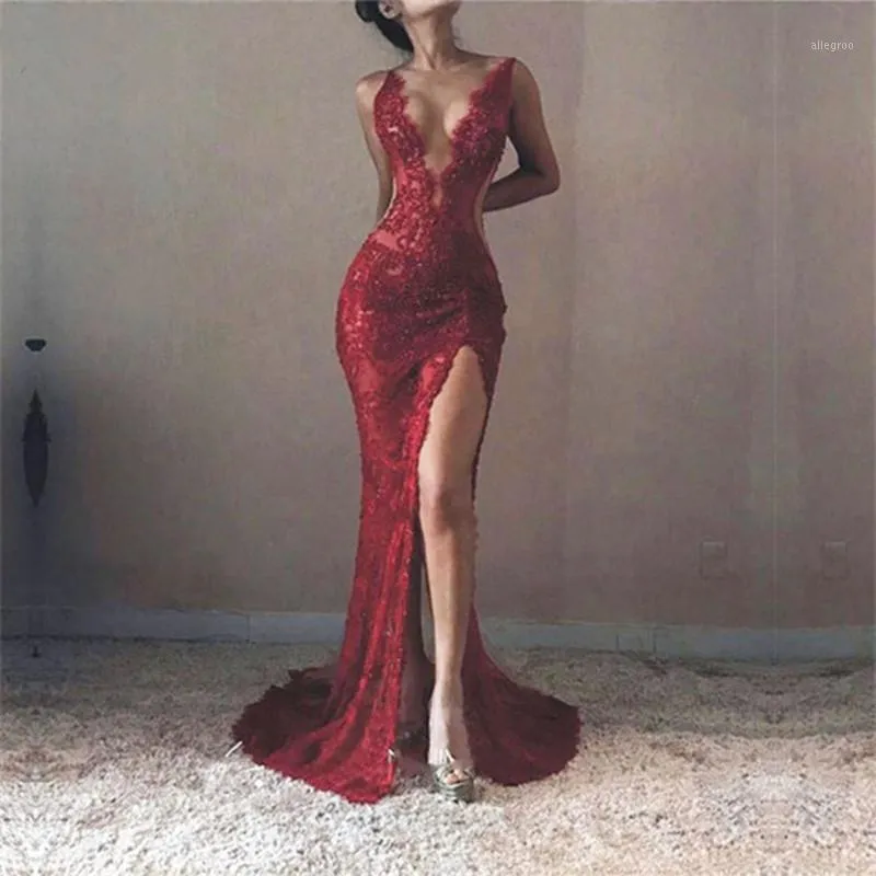 Robes de soirée Sexy côté fendu découpe rouge foncé sirène soirée longue profonde col en V appliqué dentelle femmes formelle Maxi robe