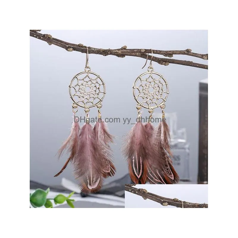 bohemian fashion jewelry vintage dreamcatcher earrings feather tassel dangle earrings