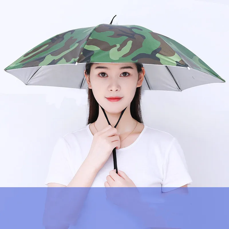 Umbrella hoed winddichte visserij dubbellaags hoofd met zonneschade regenuitrusting outdoor vouwkinderen niet-automatische regenachtige paraplu 220707