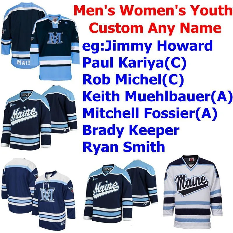 NCAA Custom Maine Black Bears College-Hockey-Trikots, Damen-Patrick-Shea-Trikot, Eduards Tralmaks, Rob Mcgovern, Jeremy Swayman, blau genäht