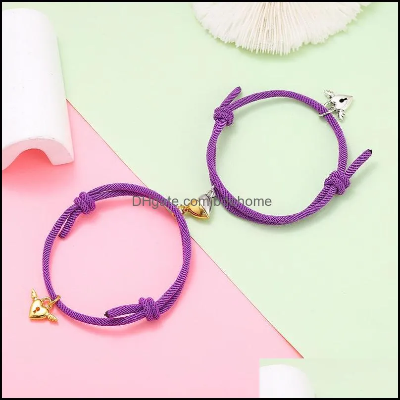 2pcs Heart Magnet Attract Couple Bracelet Lock Key Pendant Love Jewelry Adjustable Braided Rope Bangle for Women and Men