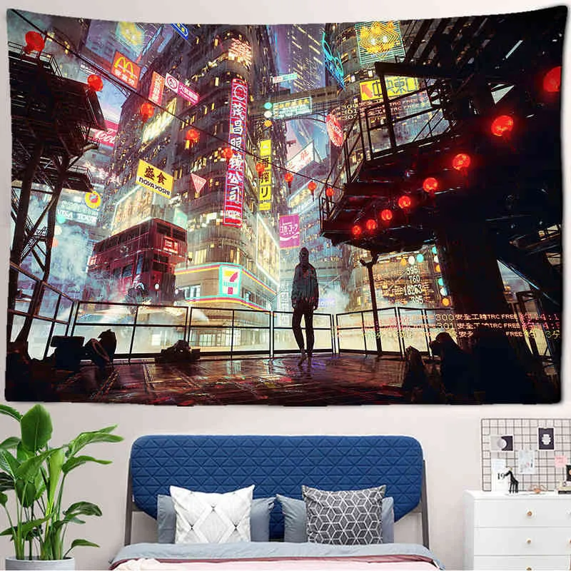 Японская городская сцена сцены гобелен киберпуны будущий паровой ковер стены, висящая психоделическая галактика Хиппи Хиппи, художественное украшение J220804
